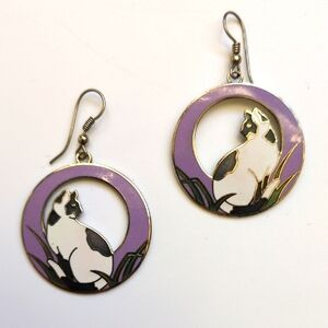 REO Cloisonne‎ Enamel Black & White Kitty Cat Earrings - Circle Purple Dangle